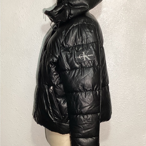 CALVIN KLEIN faux leather womens puffer black jacket size medium - Picture 3 of 14